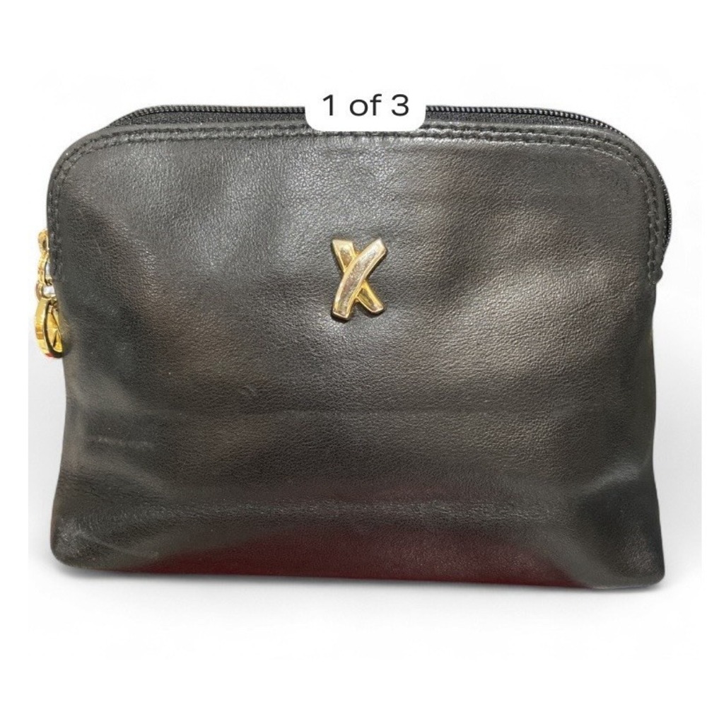 By Paloma Picasso Black Leather Zip Makeup Bag Gold-Tone Logo